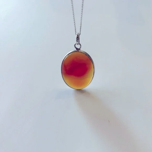 14K White Gold Chain Amber Agate Pendant Necklace 925 Silver - Picture 2 of 15